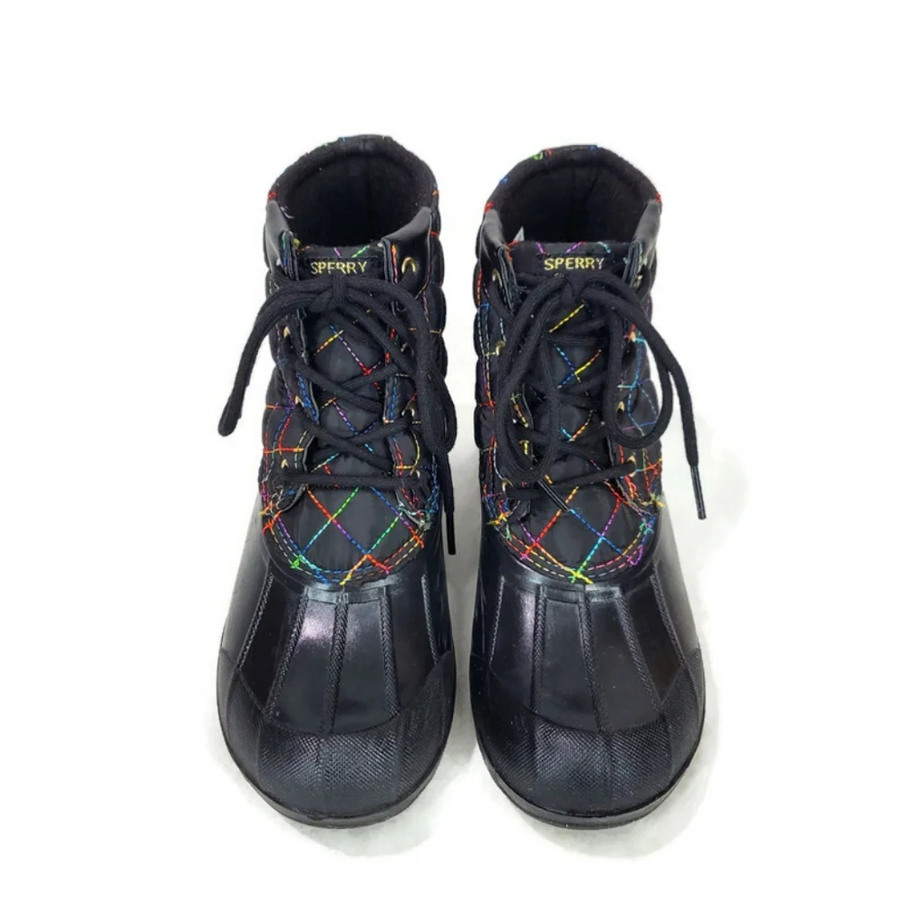 SPERRY GIRLS PORT BOOT RAIN BOOT - BLACK RAINBOW 3M DUCK BOOTS